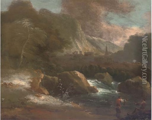 A Mountainous Landscape With Anglers By A Waterfall Oil Painting - Giovanni Benedetto Castiglione