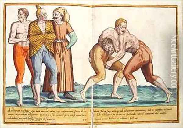Turks wrestling, sixteenth century costumes from 'Omnium Poene Gentium Imagines' Oil Painting - Abraham de Bruyn