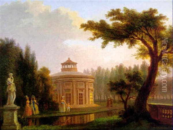 Park Landscape With A Pavilion And Couples Strolling By A Stream Oil Painting - Jean-Baptiste Hilaire