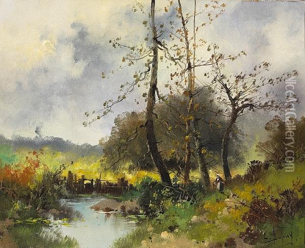 A Pastoral Landscape With A Peasant Woman By A Stream Oil Painting - Eugene Galien-Laloue