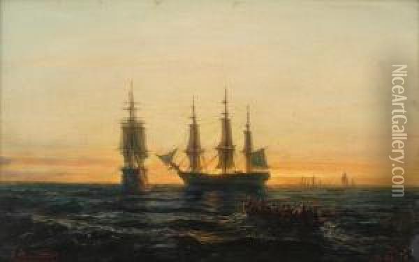 Robater Og Seilskuter 1866 Oil Painting - Johan Jacob Bennetter