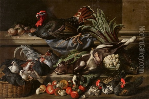 Still Life With Poultry, Mushrooms, And Vegetables Oil Painting - Jacob van der Kerckhoven