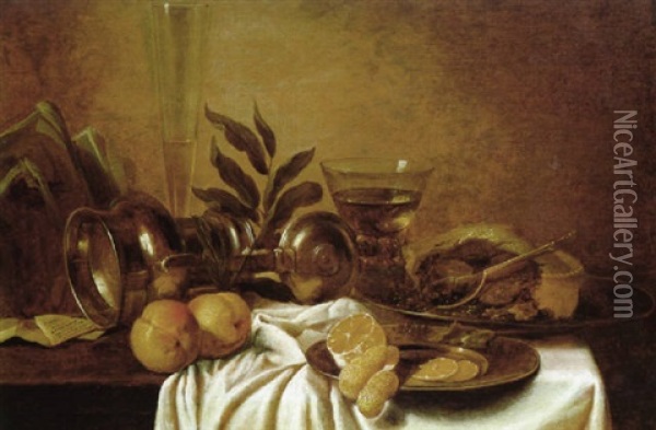 Stilleben Mit Zinnkrug, Fruchten, Champagner- Und Weinglas, Pastete Und Zitrone Auf Zinnteller Oil Painting - Cornelis Cruys