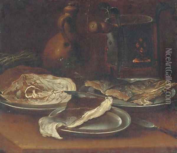 A warming plate, a jug, asparagus and three pewter plates with pieces of fish on a table Oil Painting - Spanish School