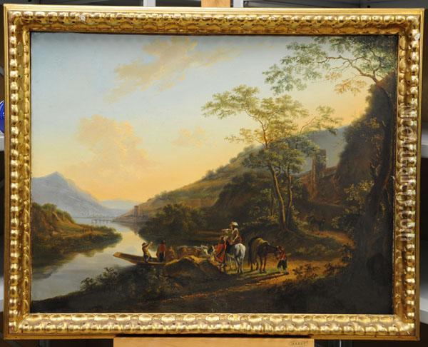 Cattle Being Led Off A Ferry 
Boat With Figures And Horses Standing By In Extensive Landscape Oil Painting - Jan Both