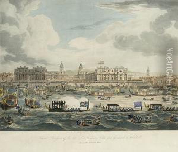 Funeral Procession Of The Late Lord Nelson, From Greenwich To Whitehall Oil Painting - Augustus Charles Pugin