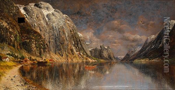 An Extensive Fjord Landscape With Figures In Aboat Oil Painting - Johann Holmstedt