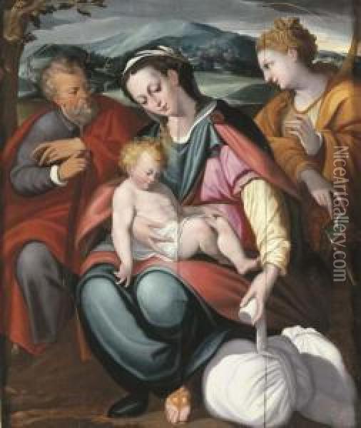 The Holy Family With Saint Catherine In A Landscape Oil Painting - Orazio Samacchini