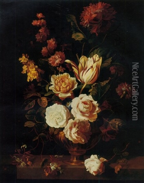 Roses, A Parrot Tulip, Carnations, Morning Glory, Honeysuckle And Other Flowers In An Urn On A Stone Ledge Oil Painting - Jakob Bogdani