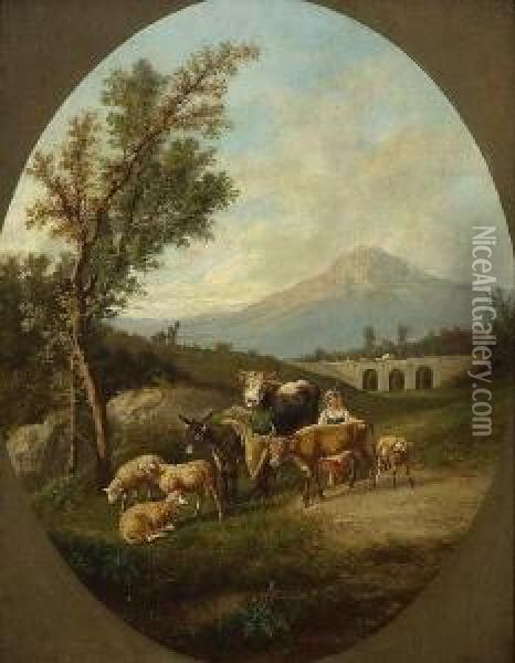 Hirtin Mit Vieh In Sizilianischer
 Landschaft. Oil Painting - Johann Philipp Meinel