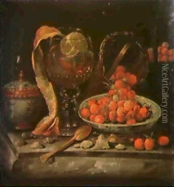 A Still Life Of A Chinese Blue And White Bowl And Cover, An Orange In A Glass Roemer, A Gold Spoon... Oil Painting - Pieter Gerritsz van Roestraten