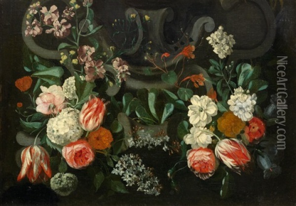 Arrangement Of Flowers Before A Stone Cartouche Oil Painting - Gaspar Pieter Verbrueggen the Elder