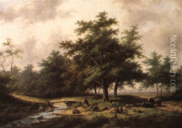 A Shepherd With His Flock In A Wooded Landscape Oil Painting - Jan Evert Morel the Younger