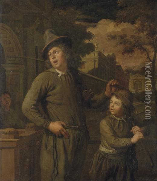 A Man Carrying A Stick And Kindling Crossing A Town Bridge With His Son Oil Painting - Christoffel Lubieniecki
