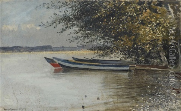 Chiemsee Boats On The Shore Of The Herreninsel (chiemsee) Oil Painting - Eduard Fischer
