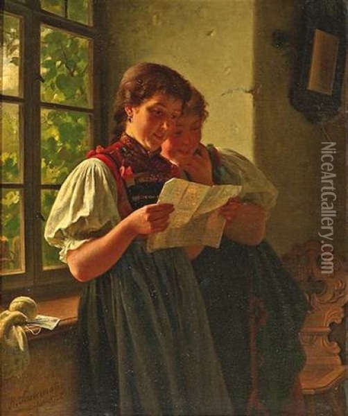 Am Fenster Stehend Lesen Zwei Bauernmadchen Einen Brief Oil Painting - Hermann Sondermann