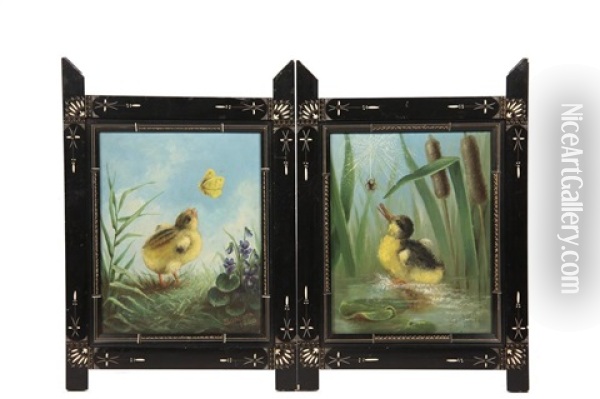 Pair Of Genre Paintings: Duckling With Spider And Chick With Butterfly Oil Painting - Percy A. Sanborn