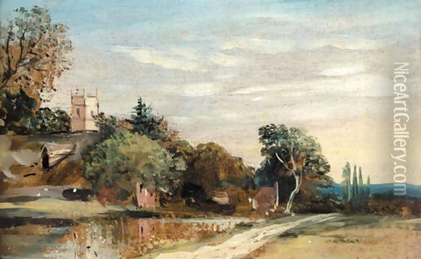 Aylesford Church, Kent, From The River Medway And A Village In A Wooded Landscape Oil Painting - Frederick Waters Watts