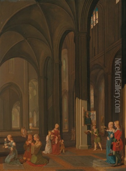 Gotisches Kircheninterieur Mit Romantisierender Figurenstaffage Oil Painting - Franz Pforr