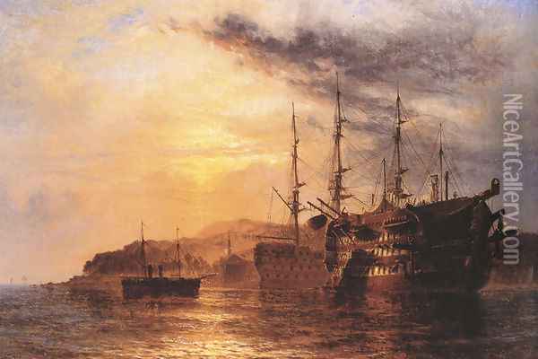 A Three Deck laying by a Hulk with a Steamship heading to shore off the Devonshire coast Oil Painting - Henry Thomas Dawson