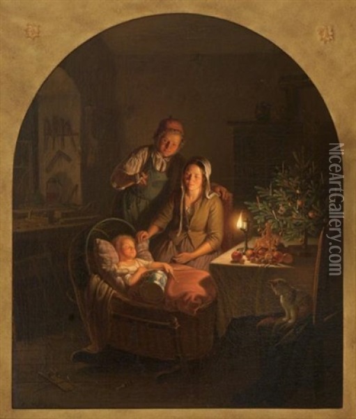 Christmas In The Cottage Oil Painting - Carl Friedrich Moritz Mueller
