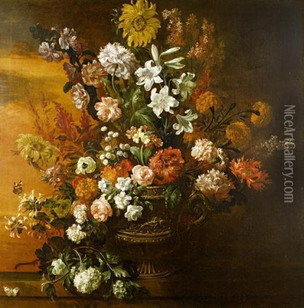 A Still Life Of Lilies, Roses, Sunflowers,poppies And Other Flowers In A Gilt Bronze Vase On A Stone Ledgewith A Red Admiral And A Cabbage White Butterfly Oil Painting - Jean Baptiste Belin de Fontenay