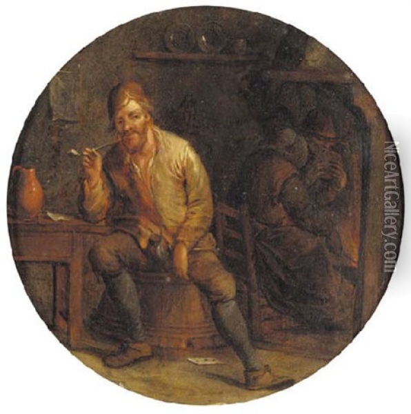 A Boor Smoking In An Interior, A Peasant Couple At A Fireplace Beyond Oil Painting - Jan Miense Molenaer