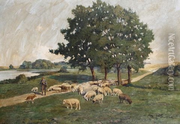 A Shepherd And His Flock On A Country Lane Oil Painting - Paul Thomas