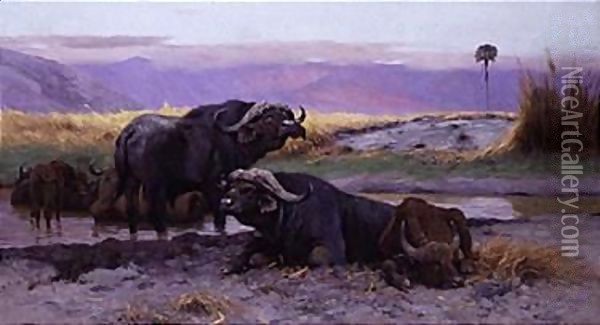 Buffalo Along The Riverbank Oil Painting - Wilhelm Kuhnert