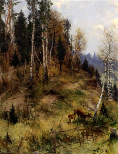 Herbstliche Bewaldete Fruhlingslandschaft Mit Rotwild Oil Painting - Jacques Matthias Schenker