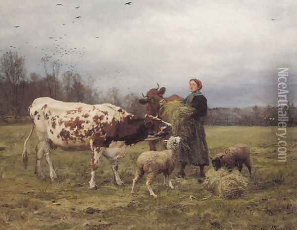 Wintertime with Cows and Sheep Oil Painting - Adolphe Charles Marais
