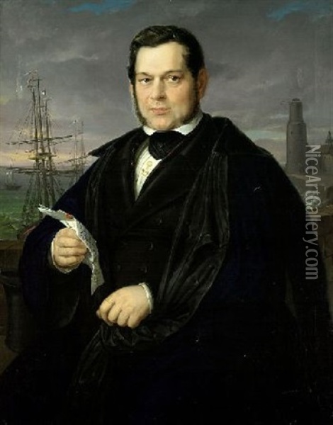 Portrat Gustav Lepper Vor Hafenkulisse Oil Painting - Johann Georg Buchner