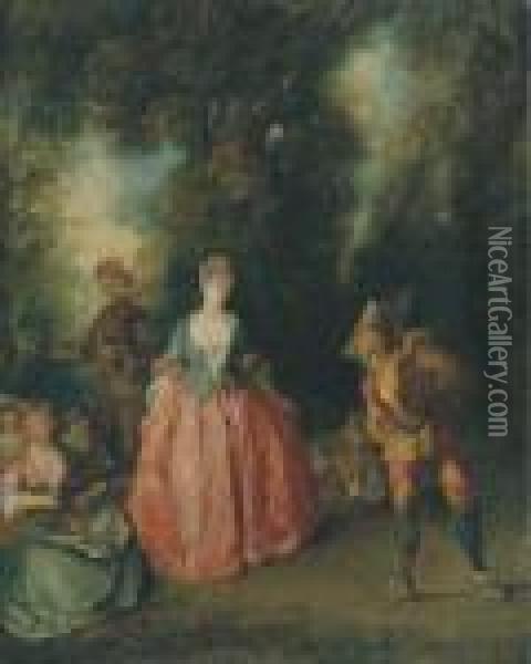 A Fete Galante: An Elegant Lady Dancing With Pulcinella In A Woodedlandscape Oil Painting - Nicolas Lancret