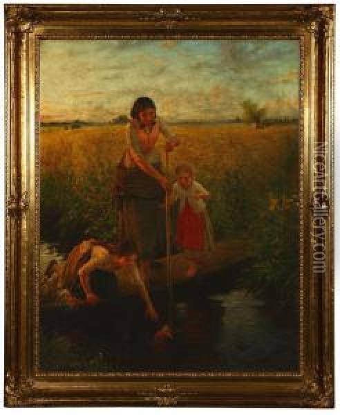 Girls Rescuing Doll In A Stream Oil Painting - Carl Von Bergen