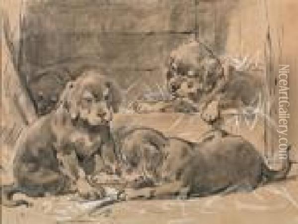 Drie Sint Bernard Puppies Oil Painting - Otto Eerelman