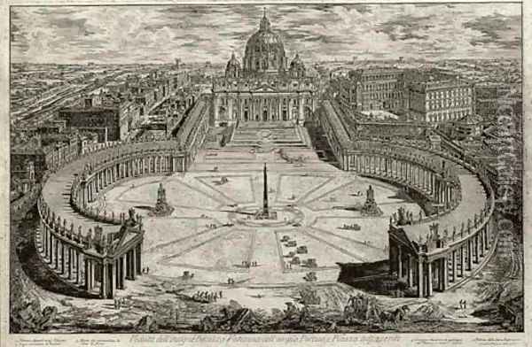 Saint Peter's with Forecourt and Colonnades A Bird's-eye View Oil Painting - Giovanni Battista Piranesi