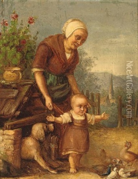 Mutter Mit Kleinkind Im Huhnerhof, Im Hintergrund Kirchdorf Oil Painting - Gustav Sues