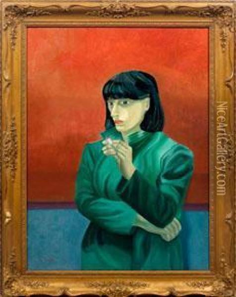 Junge Frau In Grunem Mantel Oil Painting - Lajos Tihanyi