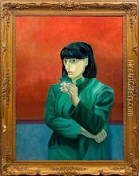 Junge Frau In Grunem Mantel Oil Painting - Lajos Tihanyi