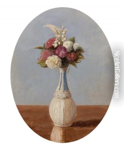 Flowers In A Milk Glass Vase Oil Painting - John William Hill