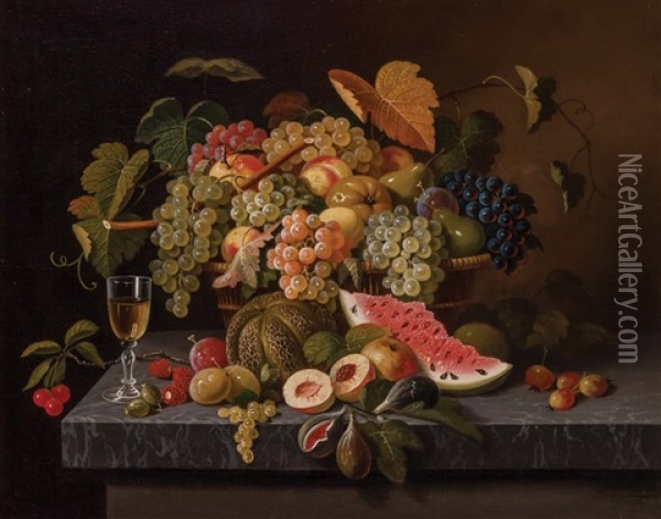 Fruit And Wine Glass On Marble Tabletop Oil Painting - Paul Lacroix