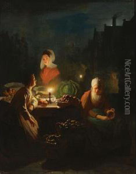 A Vegetable Seller By Candlelight Oil Painting - Johannes Rosierse