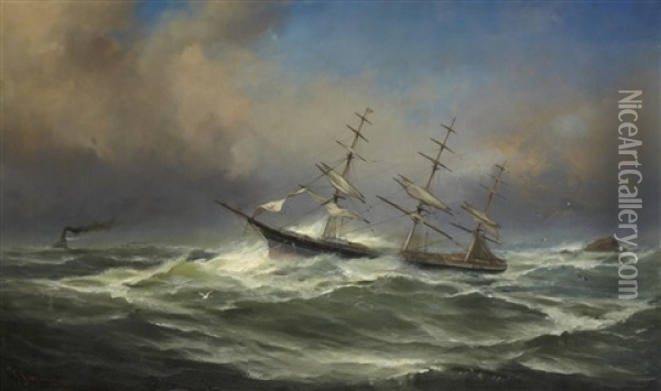 Three Masted Clipper In Rough Seas With Tug In The Distance Oil Painting - Gideon Jacques Denny