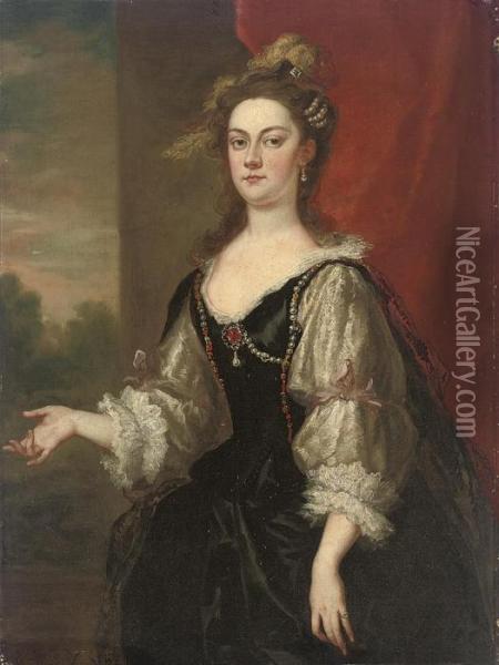 Portrait Of Katherine (d.1766), 
Countess Of Rockingham, Latercountess Guilford, Three-quarter-length, In
 A Black Bejewelleddress With Lace Sleeves And An Ostrich Plumed 
Headdress, By A Redcurtain, A Landscape Beyond Oil Painting - John Vanderbank