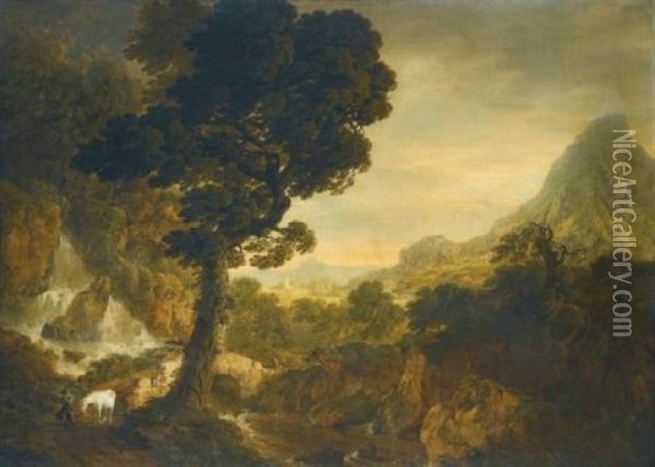A Landstorm; A Mountainous Landscape With Travellers On A Bridge Oil Painting - Thomas Roberts