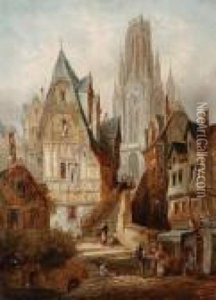 A Street Scene In Rhodez, France; A Streetscene In Bamberg, Bavaria, A Pair Oil Painting - Henry Thomas Schafer
