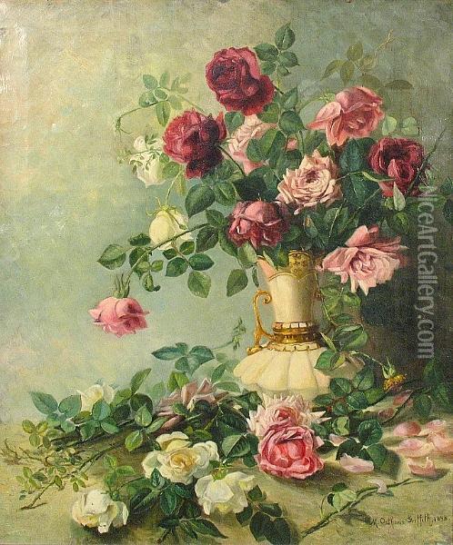 A Still Life With Red, Pink And White Roses In A Vase Oil Painting - Marie Osthaus Griffith