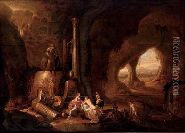 Diana And Her Nymphs Resting; Nymphs In A Grotto With A Sculpture Of Minerva Oil Painting - Abraham van Cuylenborch