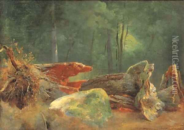 A wooded landscape with a blasted tree by a rock Oil Painting - Jean-Baptiste-Adolphe Gibert