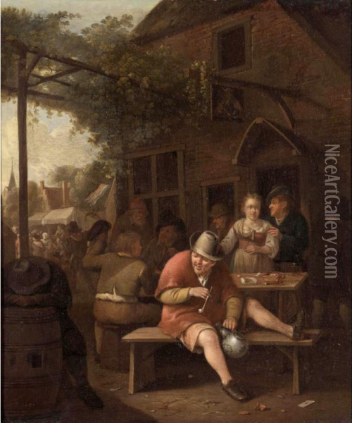 Figures Smoking And Drinking Outside An Inn Oil Painting - Hendrik Carree